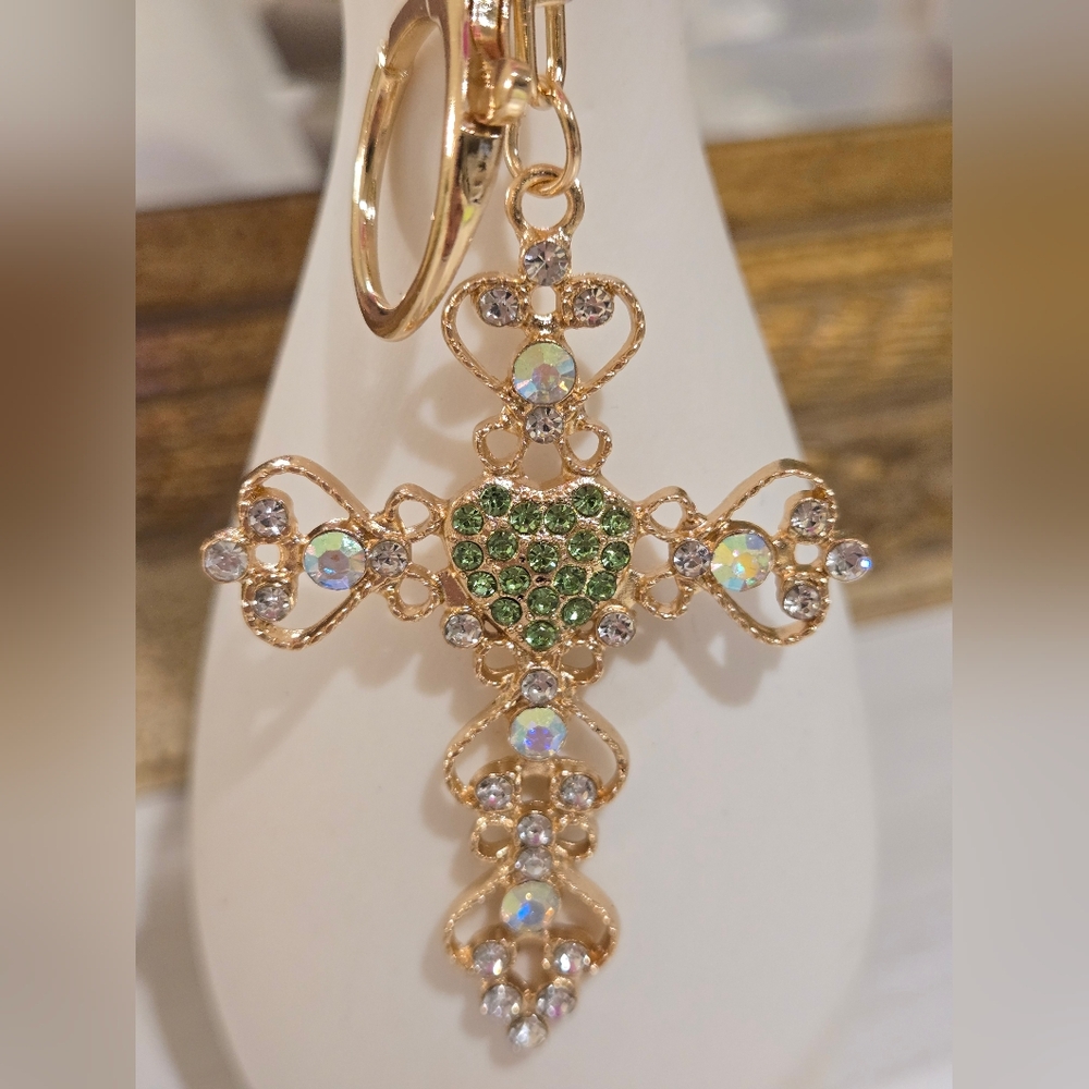 Goldtone and Green Cross Keychain/ Purse Charm